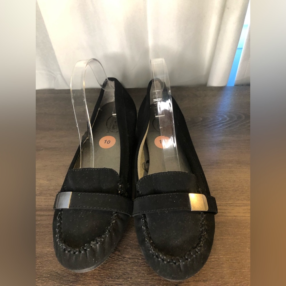 Womens Lifestride Black Faux Leather Suede Comfort Slip On Loafers Size 10